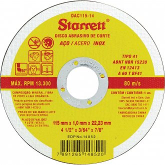 Disco de corte 115 mm x 1 mm x 22,23 mm, DAC115-14, STARRETT