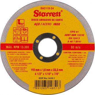 Disco de corte 115 mm x 1,6 mm x 22,23  mm, DAC115-24, STARRETT