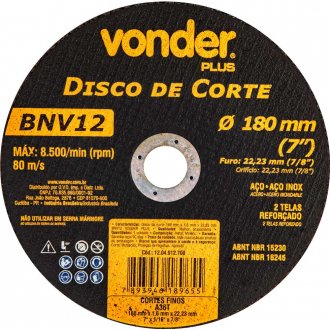 Disco de corte 180 mm x 1,6 mm x 22,23 mm BNV12 , VONDER PLUS
