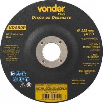 Disco de desbaste 115,0 mm x 5,0 mm x 22,23 mm, VDA 50P, VONDER PLUS