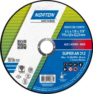 Disco de corte, 115 mm x 3 mm x 22,23 mm, AR 312 NORTON