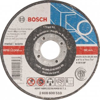 Disco de corte 115 mm x 3,2 mm x 22,23 mm 2608600510, IND 40 BOSCH