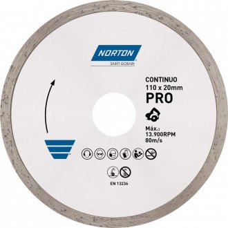 Disco de corte diamantado, 110 mm x 20 mm, cont�nuo, linha PR�, NORTON