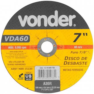 Disco de desbaste 180,0 mm x 6,4 mm x 22,23 mm, VDA 60, VONDER