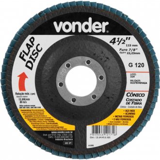 Flap-disc, disco de desbaste/acabamento, 4.1/2', c�nico, gr�o 120, VONDER