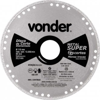 Disco de corte diamantado, cont�nuo, para metais, metal super, 115 mm, VONDER
