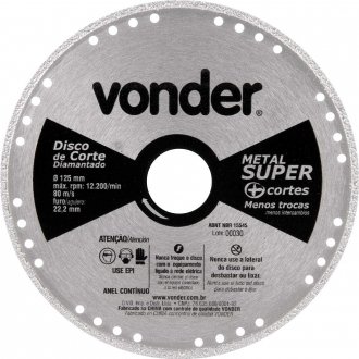 Disco de corte diamantado, cont�nuo, para metais, metal super, 125 mm, VONDER