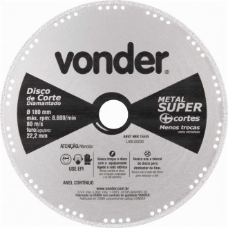 Disco de corte diamantado, cont�nuo, para metais, metal super, 180 mm, VONDER