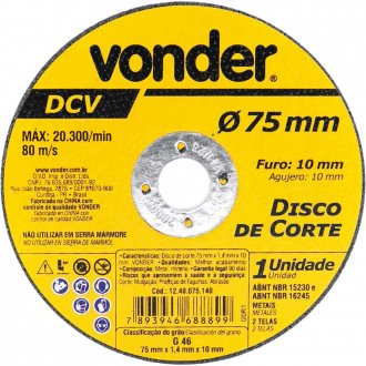 Disco de corte 75 mm x 1,4 mm x 10 mm DCV, VONDER