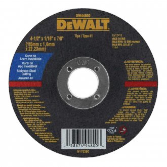 Disco de corte, 115 mm x 1,6 mm x 22,23 mm, para a�o e inox, corte fino, DW44800 DEWALT