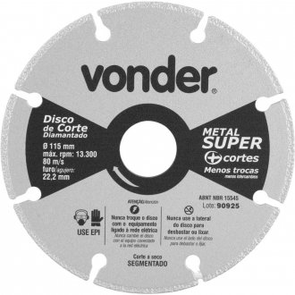 Disco de corte diamantado, segmentado, para metais, metal super, 115 mm, VONDER
