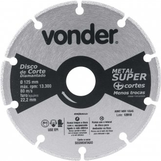Disco de corte diamantado, segmentado, para metais, metal super, 125 mm, VONDER