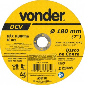 Disco de corte 180 mm x 2 mm x 22,23 mm DVC, VONDER