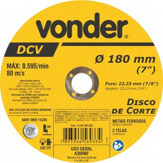 Disco de corte 180 mm x 3,2 mm x 22,23 mm DCV, VONDER