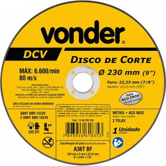Disco de corte 230 mm x 2 mm x 22,23 mm, DCV, VONDER