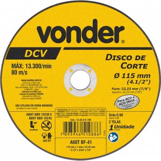 Disco de corte 115 mm x 1 mm x 22,23 mm, DCV, VONDER