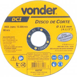 Disco de corte 115 mm x 1 mm x 22,23 mm DCI INOX, VONDER