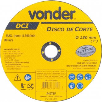 Disco de corte 180 mm x 1,6 mm x 22,23 mm DCI INOX, VONDER