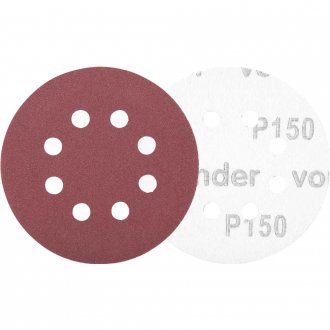 Disco de lixa com costado em pluma 125 mm, gr�o 150, com  8 furos, embalagem com 10 pe�as, VONDER
