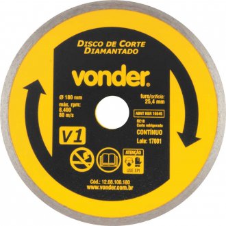Disco de corte diamantado, 180 mm x 25,4 mm, cont�nuo, V1, VONDER