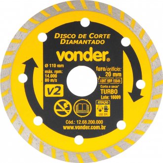 Disco de corte diamantado, 110 mm x 20 mm, turbo, V2, VONDER