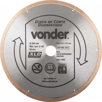 Disco de corte diamantado, 250 mm x 25,4 mm, cont�nuo, para porcelanato, XLD VONDER