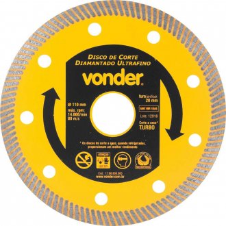 Disco de corte diamantado, 110 mm x 20 mm, para porcelanato, ultrafino, VONDER