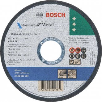 Disco de corte para a�o, 115 mm x 1 mm x 22,23 mm, Standard, BOSCH