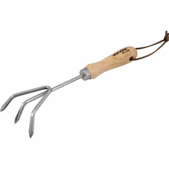 Ancinho para jardim em a�o inox, com 3 dentes, cabo em madeira, VONDER PLUS