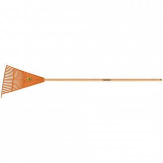 Vassoura pl�stica para jardim com 18 dentes, cabo em madeira 120 cm, laranja, 77850781 TRAMONTINA