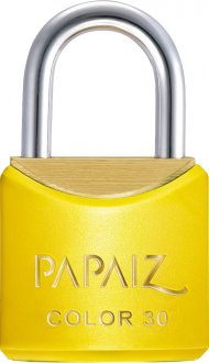 Cadeado de lat�o, corpo plastificado, 30 mm, Amarelo, PAPAIZ