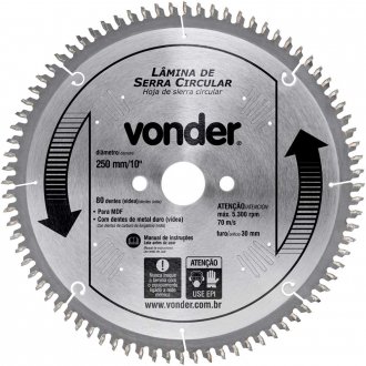 L�mina de serra circular com dentes de metal duro, 250 mm x 30 mm, com 80 dentes, para MDF, VONDER