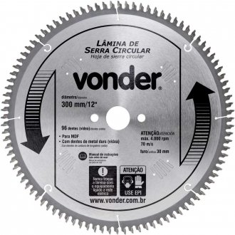 L�mina de serra circular com dentes de metal duro, 300 mm x 30 mm, com 96 dentes, para MDF, VONDER
