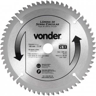L�mina de serra circular com v�dea, para alum�nio, 185 mm x 20 mm x 60 dentes, VONDER