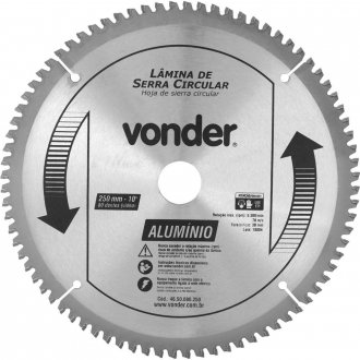 L�mina de serra circular com v�dea, para alum�nio, 250 mm x 30 mm x 80 dentes, VONDER