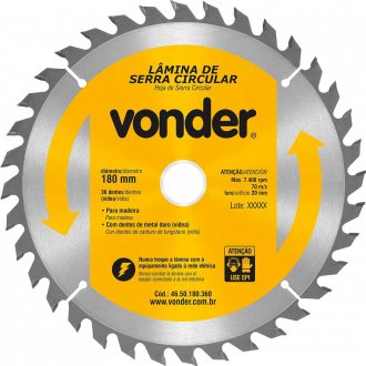 L�mina de serra circular com dentes de metal duro/v�dea, 180 mm x 20 mm, 36 dentes, VONDER