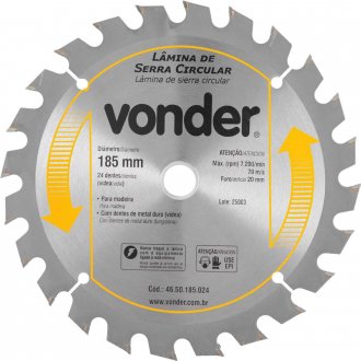 L�mina de serra circular com dentes de metal duro/v�dea, 185 mm x 20 mm, 24 dentes, VONDER