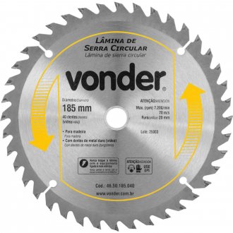 L�mina de serra circular com dentes de metal duro/v�dea, 185 mm x 20 mm, 40 dentes, VONDER