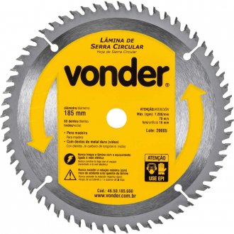 L�mina de serra circular com dentes de metal duro/v�dea, 185 mm x 16 mm, 60 dentes, VONDER