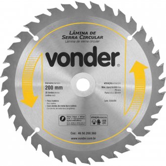 L�mina de serra circular com dentes de metal duro/v�dea, 200 mm x 30 mm, 36 dentes, VONDER
