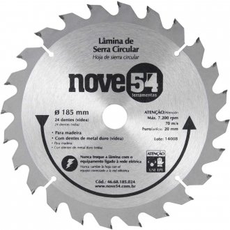 L�mina de serra circular com dentes de metal duro/v�dea, 185 mm x 20 mm, 24 dentes, NOVE54