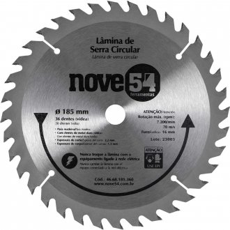 L�mina de serra circular com dentes de metal duro/v�dea, 185 mm x 16 mm, 36 dentes, NOVE54