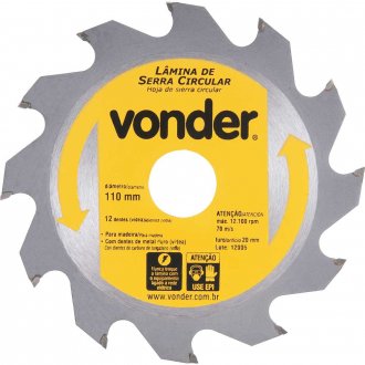 L�mina de serra circular com dentes de metal duro/v�dea, 110 mm x 20 mm, 12 dentes, VONDER