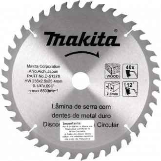 L�mina de serra circular com dentes de metal duro/v�dea, 235 mm x 25 mm, 40 dentes, D-51378, MAKITA