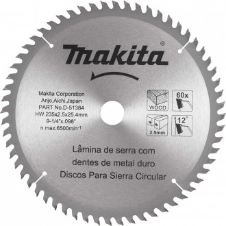 L�mina de serra circular com dentes de metal duro, 235 mm x 25 mm, 60 dentes, MAKITA