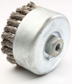 Escova copo em a�o tran�ado, 100 mm, M14, fio 0,6 mm, 8.500 rpm, ABRASFER