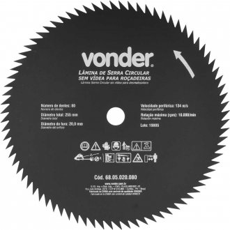 L�mina circular sem v�dea, para ro�adeiras, 255 mm x 20 mm, 80 dentes, VONDER