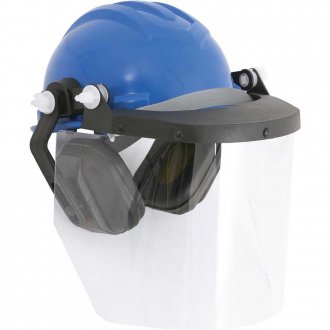 Capacete azul com aba frontal, protetor facial e abafador de ru�dos, LEDAN